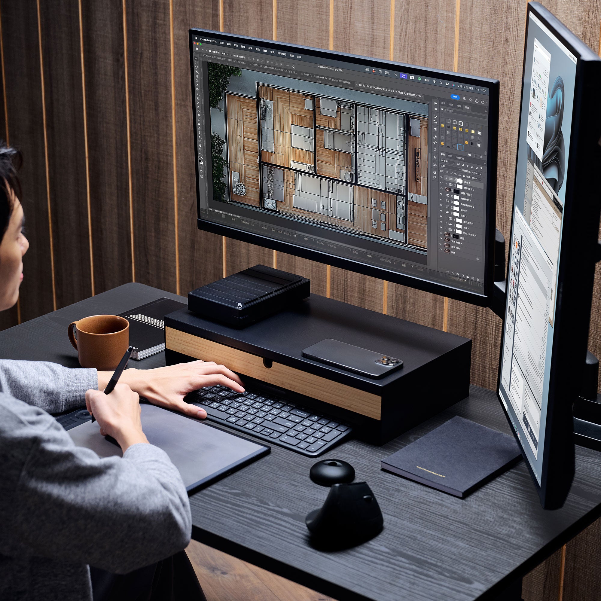 ULTRARM monitor arm and Moodular wooden monitor stand — modular, ergonomic, and designed for VISION ultrawide monitors. Enhances comfort, saves space, and elevates your workspace with precision craftsmanship.